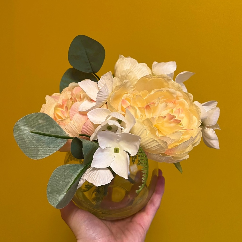 Yellow and White Artificial Flowers with Small Vase